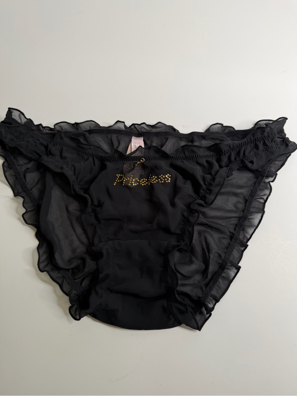 NWT Victoria's Secret Black Sheer ‘Priceless’ Ruffle Bikini Panty with Gold Acce